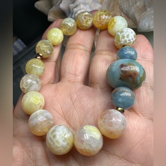 YELLO FIRE AGATE + AMAZONITE + LEMURIAN NATURAL STONES BRACELET size 7” - Picture 10 of 12